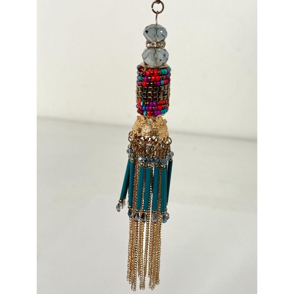 Boho Gold Tassel Pendant Necklace Teal Beaded Fringe Long Chain Multicolor